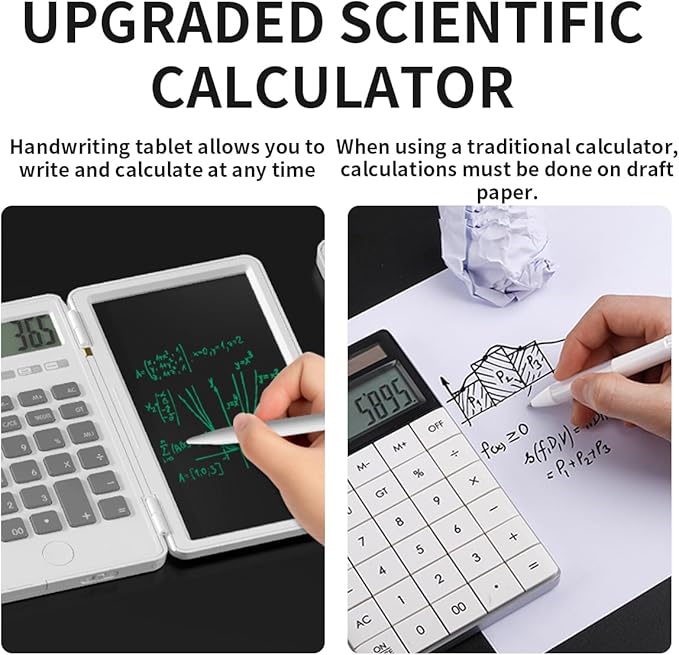 Calculator with Writing Pad,12-Digit LCD Display, Dual Power Solar + Coin Cell,1-Yr Battery Life Silicone Keys for Comfort Lightweight Portable for Students/Engineers/Professionals (White)