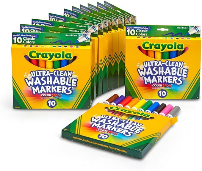 Crayola Ultra Clean Washable Broad Line Markers (12 Boxes), Bulk Classroom Markers for Kids, 10 Colors, Teacher Classroom Must Have, Bulk School Supplies for Kids
