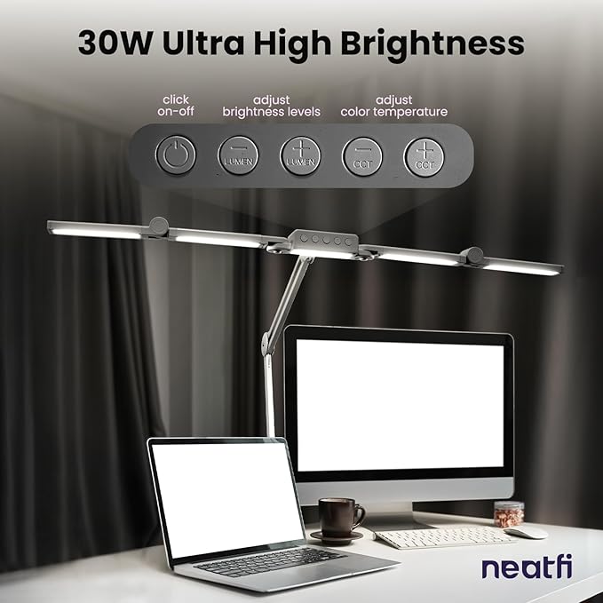 Neatfi (New Model) 3,000 Lumens LED Desk Lamp, Dimmable, 360 SMD LEDs, 30W, CRI 95, Adjustable Light Modes, Task Lamps for Home Office, Study Lamp, Desk Light Bar (CCT with Clamp, Silver, 44 Inches)