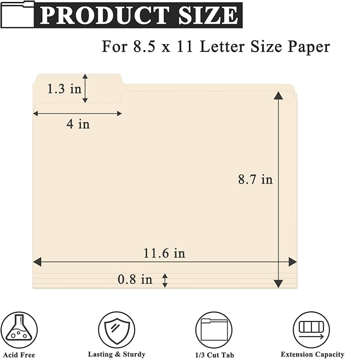 Manila Folders 8.5 x 11 | 1/3 Cut File Folders Letter Size | Manilla File Folders 8.5 x 11 Pack of 100 | Paper Folders for Documents, Business, School, Classroom and Office Supplies.