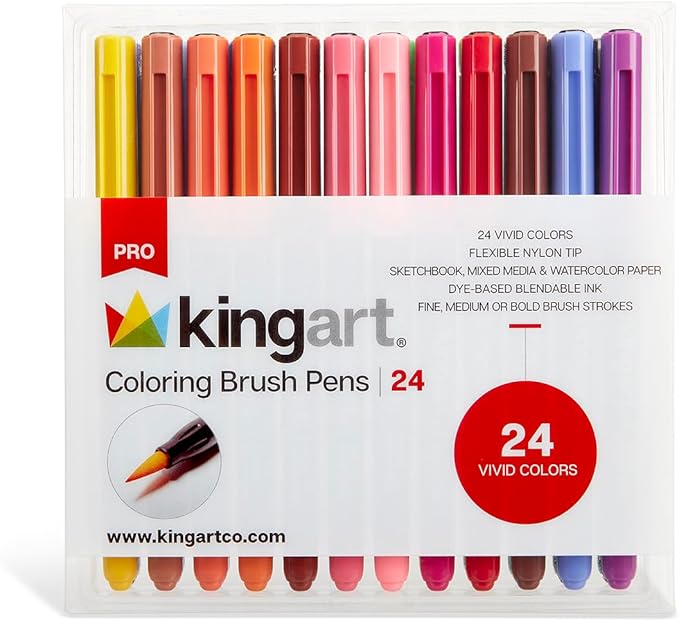 KINGART PRO 24 Watercolor Brush Pens - Premium Blendable Coloring Markers for Adults & Kids - Flexible Tip for Fine Lines & Calligraphy Lettering - Non-Toxic Art Set for Drawing.