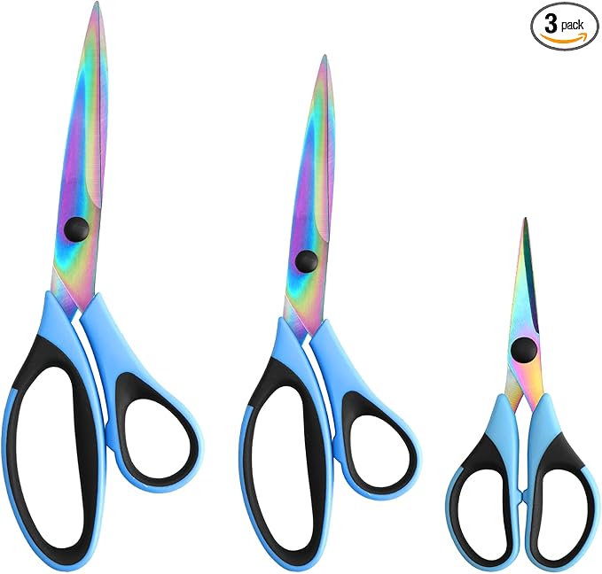 Craft Scissors Set of 3 Pack, All Purpose Sharp Titanium Blades Shears, Rubber Comfort Grip Handle, Multipurpose Fabric Scissors Tool Set Great for Office, Sewing, Arts, School and Home Supplies, Blue