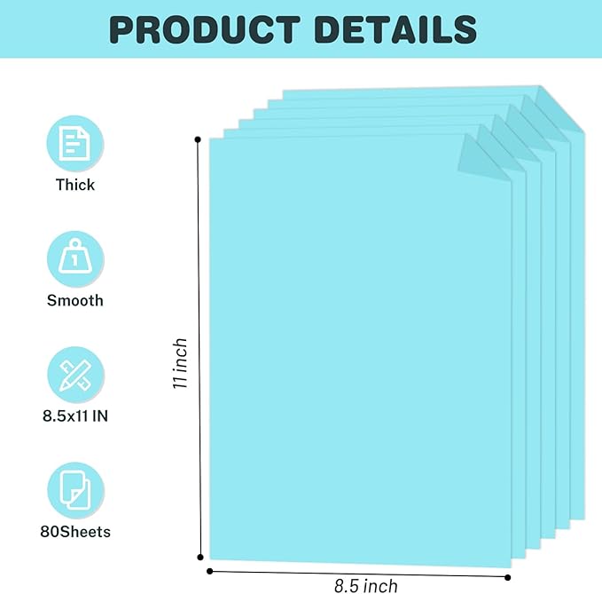 Light Blue Cardstock 8.5 X 11, 80 Sheets Card Stock, 75lb/ 200gsm Copy Paper, Cardstock Printer Paper For Art, Drawing, Invitation, DIY Cards, Watercolor, Craft, Construction, School & Office Supplies