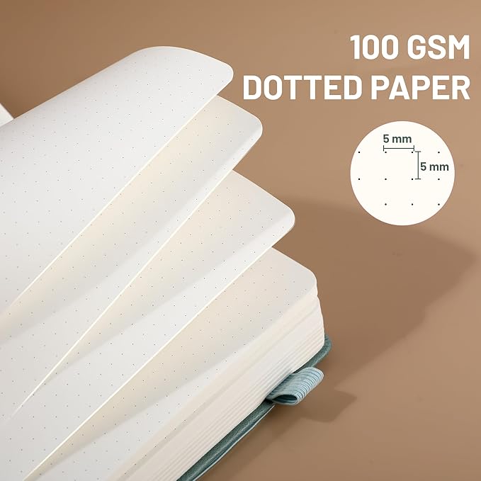 CAGIE Bullet Dotted Journal Notebook 320 Pages 100 GSM Paper Hardcover B5 Dot Grid Notebook Leather Journals for Writing Women Men Work Journaling, Green