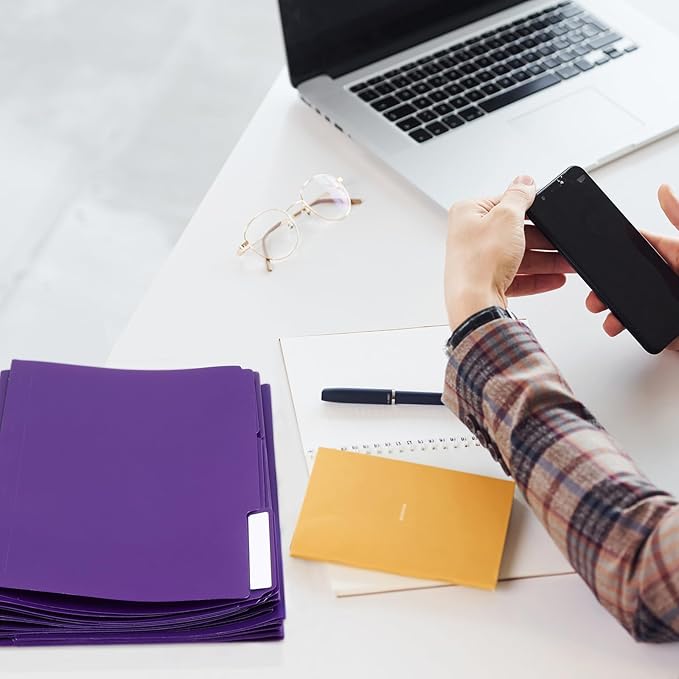 48 Pack Colored Plastic File Folders with Tabs and Sticky Labels Sturdy 1/3 Cut Tab Manila File Folders Letter Size 8. 5 x 11 Inch for Office Home Supplies Organizer Documents(Purple)