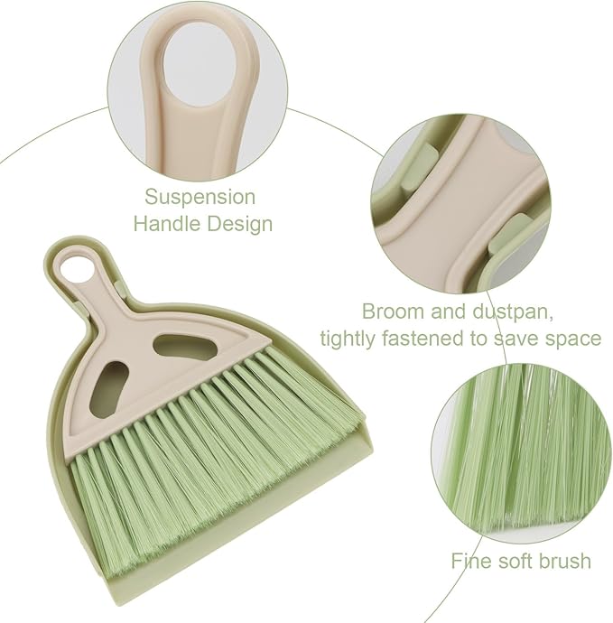 Brosay Mini Dustpan and Brush Set Portable Small Broom with Dust Pan Handheld Hangable Whisk Broom and Dust Pan for Home, Kitchen, Table, Office, Car 1 Pcs (Green)