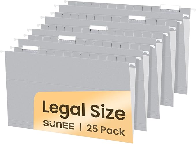 SUNEE Hanging File Folders Legal Size, Gray File Folders 25 Pack 1/5-Cut Tabs, Stay Organized for Your Home and Office Bulk File and Documents