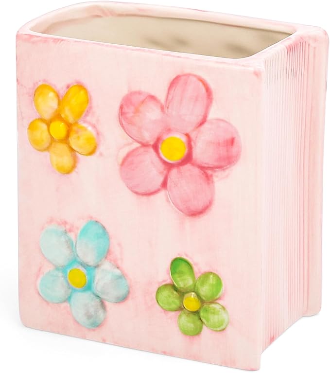 Book Vase Flower Pencil Cup Pen Holder For Office Desk Decorative Books Pink Flower Vase Cute Toothbrush Holders Home Decor Teacher Book Gifts for Women Small Makeup Brushes Holder