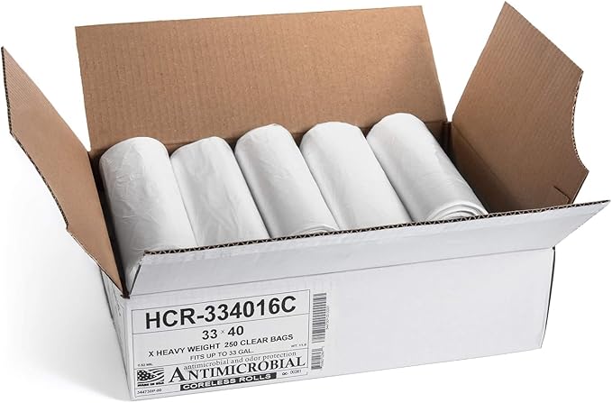Aluf Plastics High Density Trash Bags, 33 Gallon, 250 Count, 16 Micron (eq), 33" x 40", Clear, for Bathroom, Office, Industrial, Commercial, Janitorial, Municipal, Recycling
