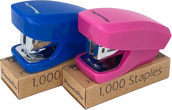 Aria Premium Mini Stapler Set by PraxxisPro - with Built-in Staple Removers, 2000 Standard Staples Included - for Office, School, and Travel, Set of 2, Blue & Pink