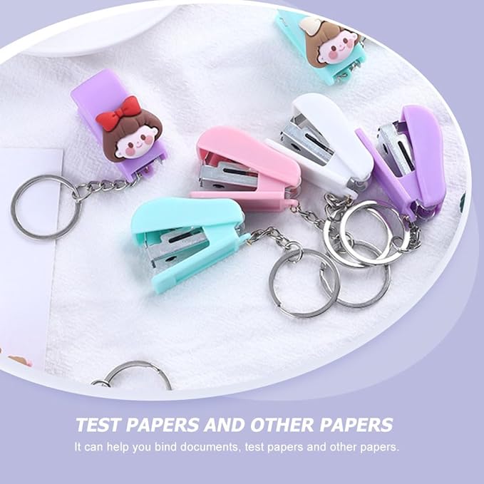 Veemoon Small Stapler with Keychain, 3pcs Portable Mini Stapler with 1 Box Staples Home School Office Supplies DIY Tools (Purple + Green + Pink + Staples)