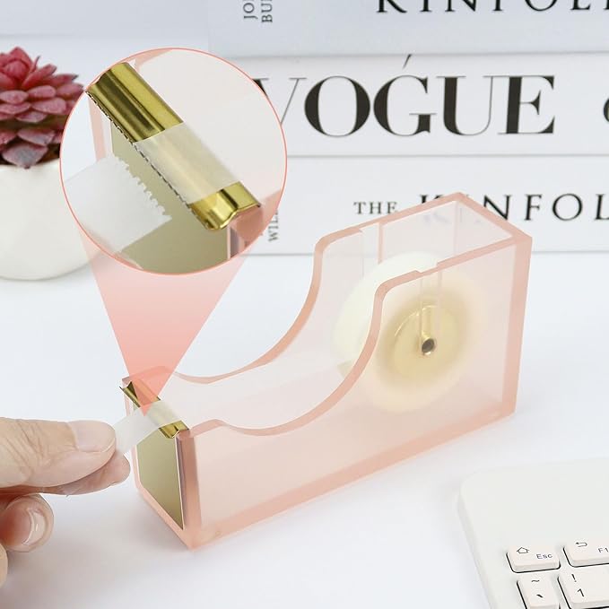 Buqoo 1-Inch Core Clear Acrylic Pink Gold Tape Dispenser Heavy Duty, Stapler with 950Pcs 24/6 26/6 Rose Gold Staples, Scissors for Stationery Desk Set School Home N Office Supplies
