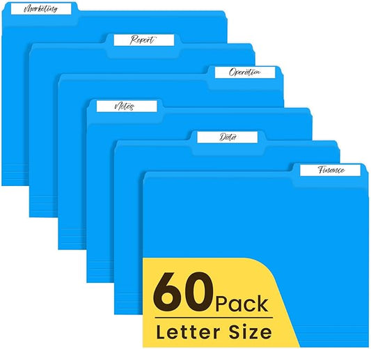 Colored File Folders Letter Size, 60 Pack Blue Folders 1/3 Cut Tabs, Assorted Pastel Color Office School Buiness Folders for Filing Organization, Paper File Folder Bulk Set