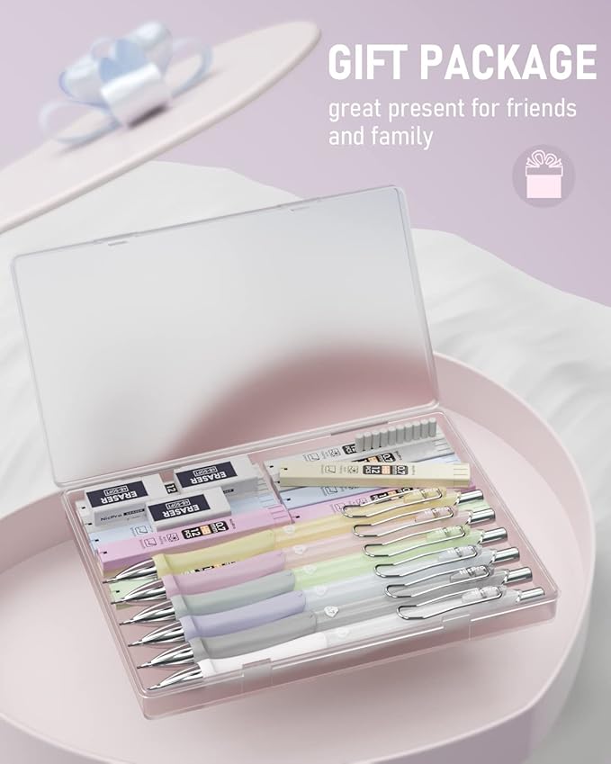 Nicpro 6PCS Pastel Mechanical Pencil Set 0.7 mm, Cute Mechanical Pencils with Comfort Grip with 12 Tubes HB Lead Refill, 3 Eraser, 9 Eraser Refills for Student Writing, Drawing, Sketching- with Case