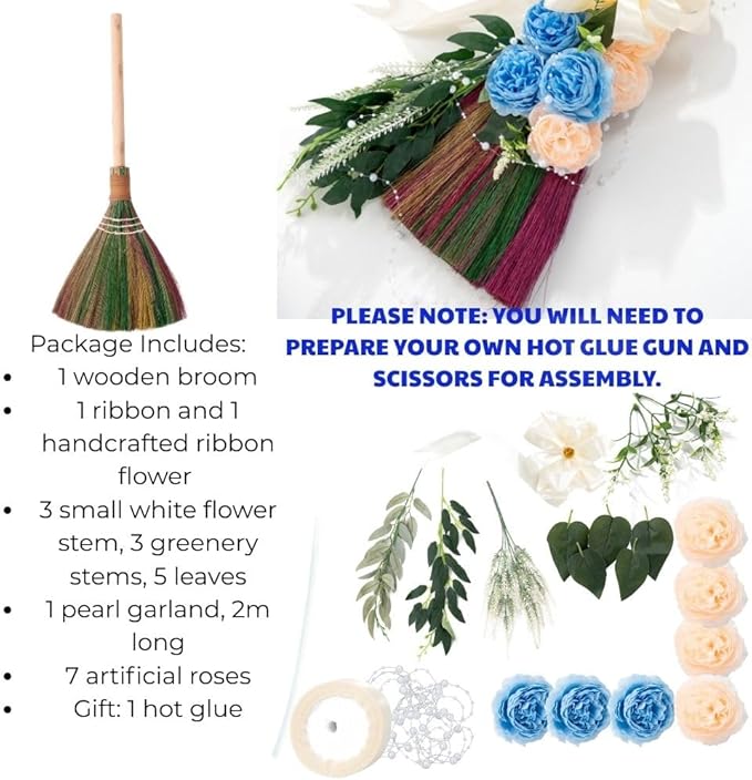 TTS For Home - Elegant Wedding Brooms Bride Bridegroom, Jumping The Broom for Wedding, Natural Whisk Broom with Ribbons, Artificial Pearl, Leaves,Roses for Decorative