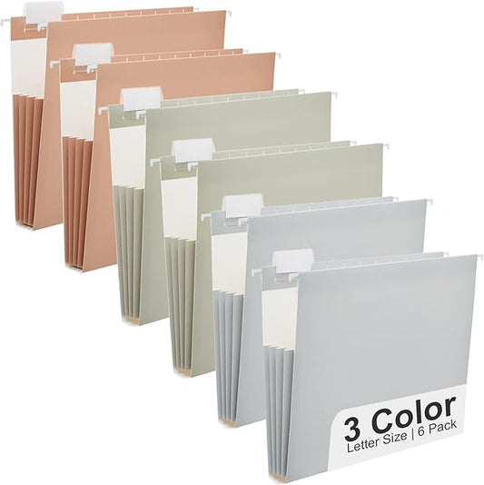 Y YOMA Letter Size - 6 Pack Extra Capacity Hanging File Folders Accordion Decorative File Folder Cute Colored Hanging Folder Organizer for Office Home with 1/5-Cut Adjustable Tabs, Natural Color