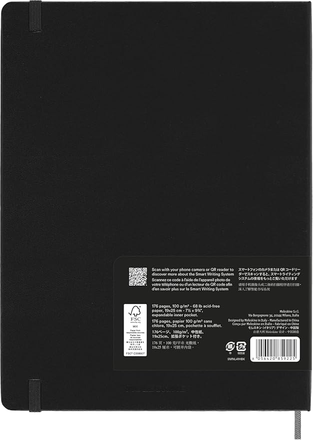 Moleskine Smart Notebook, Smart Writing System, Digital Notepad with Hard Cover, Ruled Pages and Elastic Closure, Size Extra Large 19 x 25 cm, Colour Black