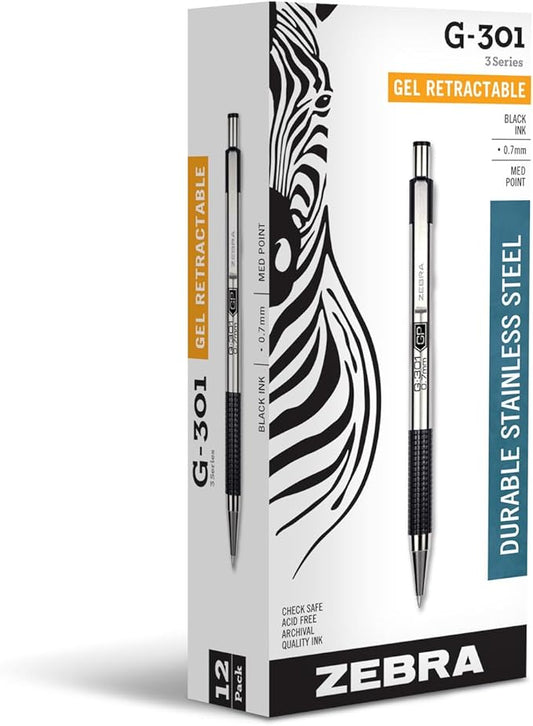 Zebra Pen G-301 Retractable Gel Pen, 0.7mm Medium Point, Stainless Steel Barrel, Ideal for Office Supplies, School Supplies & Teacher Supplies, Black Ink, 12-Pack (41310)