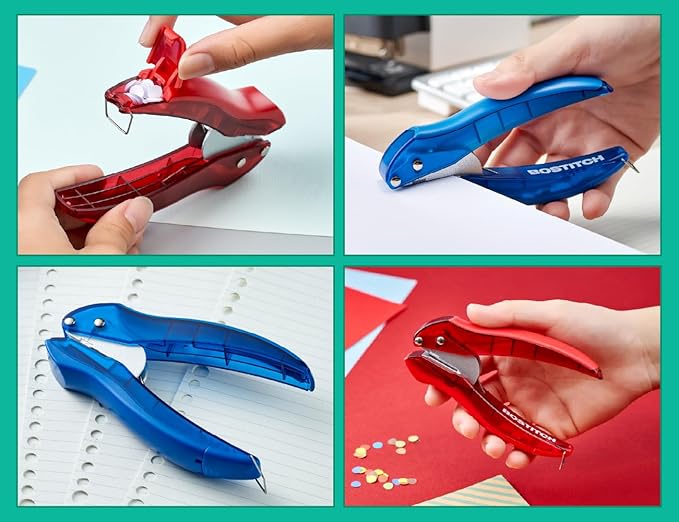 Bostitch EZ Squeeze Hole Punch - 3-Pack, Single Hole Punch 10 Sheet Capacity, Ideal for Kids and Adults, Black, Red and Blue