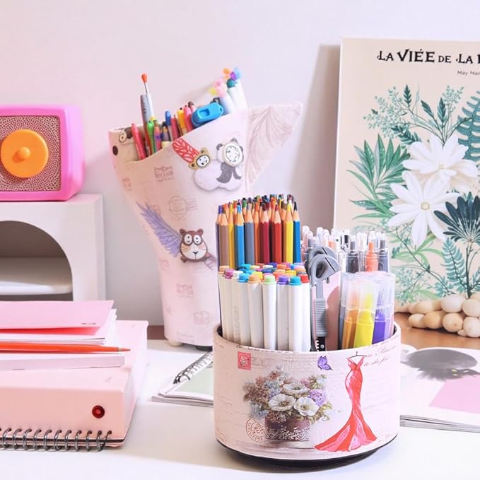 360° Rotate Desk Pen Organizer, Makeup Brush Holder Organizer, Makeup Organizers Countertop, TV Remote Control Holder,Leather Remote Caddy,Dual-Purpose Art Supply Pencil Cup (Red Dress)