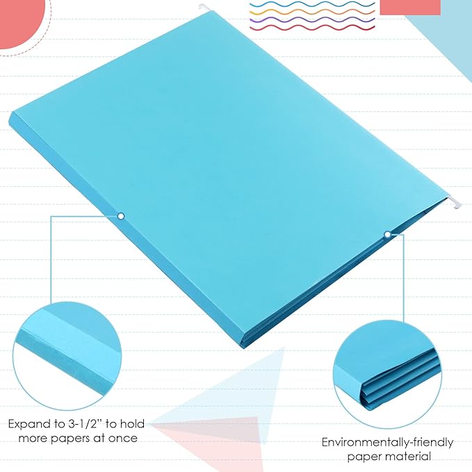Yaomiao 24 Pack Hanging File Folders 3 Pleats Letter Size File Cabinet Folders with 1/5-Cut Adjustable Tabs Expandable Document Cabinet Colored for Home Desk Office Organization(Bright Color)