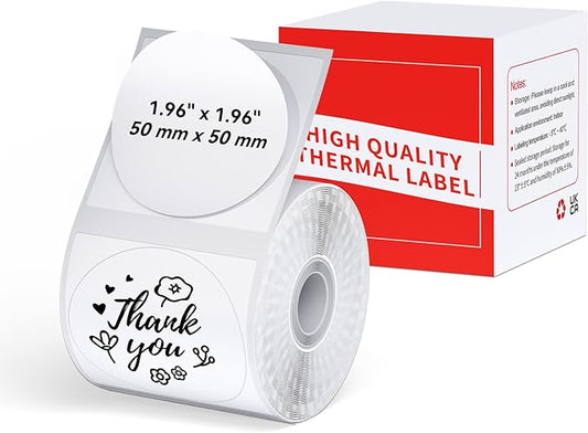 M100 Round Label 1.96" x 1.96" (50x50 mm), Compatible with Label Maker M110/ M220/ M221/ M120/ M250/M150, White, 140 Labels/Roll, Multi-Purpose Adhesive Circle Thermal Labels, Black on White