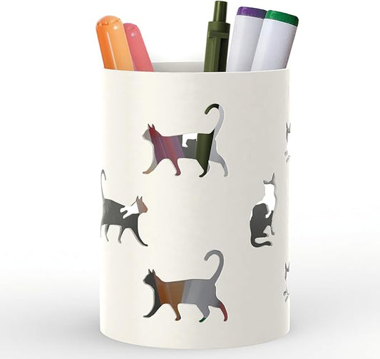Mango Steam Metal Pen Holder, Makeup Brush Cup Organizer for Office, Bathroom, Vanity (White, Cat)…