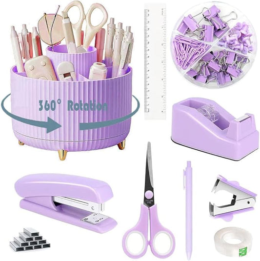 Purple Desk Organizers and Accessories 10Pcs Set with 360-Degree Rotating Pen Holder, Tape Dispenser, Stapler, Staple Remover, 1000 Staples, Tape, Clips Set, Ruler, Scissor, Pen (Purple)