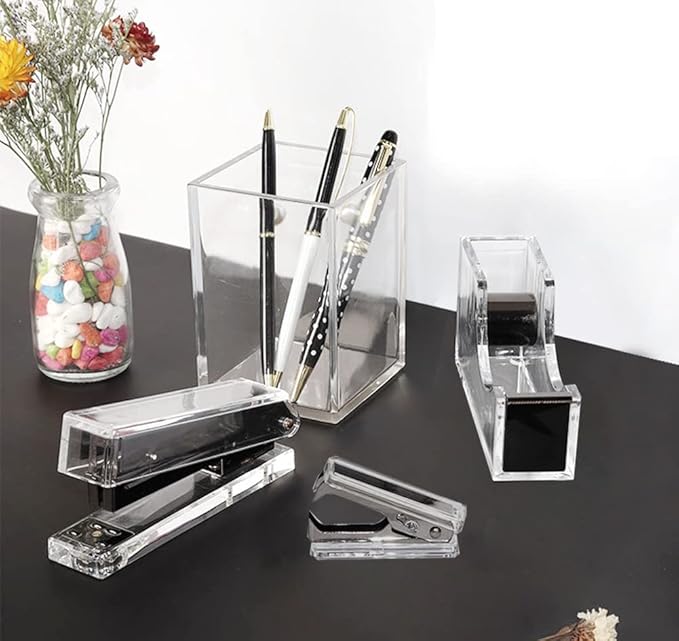 Acrylic Black Tape Dispenser Black Desktop Stapler, Acrylic Office Supplies Includes Staple Remover, Tape, 1000pcs Staples Desk Accessory Kit, Cute Office Stapler Set for Modern Design Office Desktop