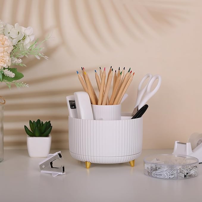 SKYDUE White Office Supplies Set, Office Desk Accessories 10PCS, Pencil Holder for Desk, Stapler, Tape Dispenser, Scissors, Ruler, Binder/Paper Clips and 1000pcs Staples,Desk Supplies Set