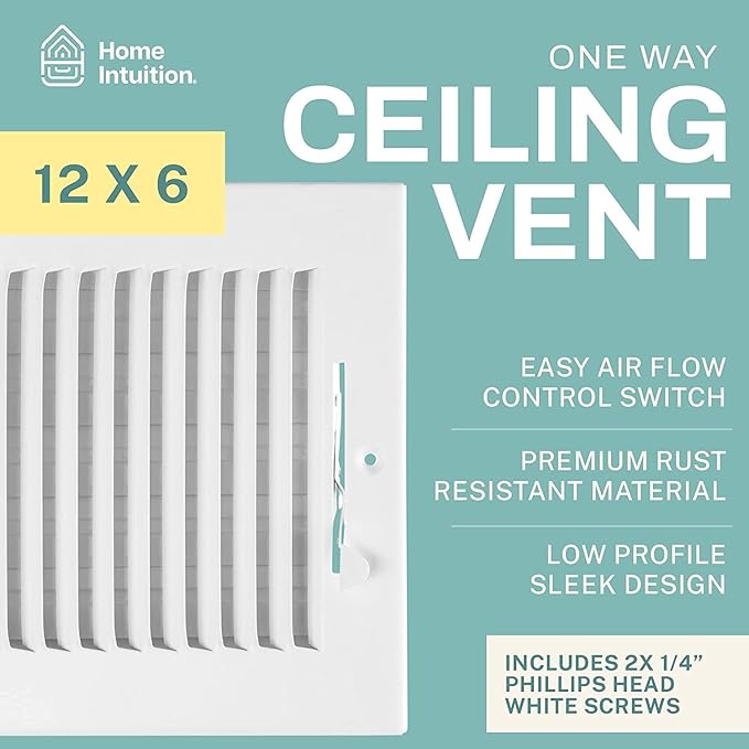 Ceiling Register - Air Vent Covers for Home Ceiling or Wall - 12X6 Inch (Duct Opening) 2-Way White Grille Register Cover with Adjustable Damper for HVAC Heat and Cold Air Conditioner