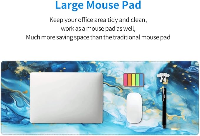 Desk Pad,Office Desk Mat 31.5"×11.8" Large Gaming Mouse Pad,Durable Extended Computer Mouse Pad,Waterproof Thick Big Mouse Pads with Non-Slip Rubber Base Office Home Blue Gold Marble