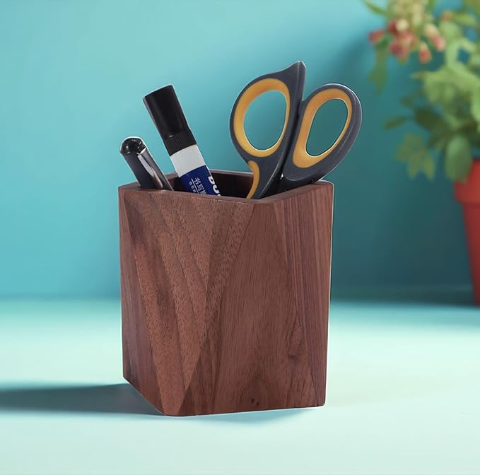 Black Walnut Wooden Desk Organization Pen Holder, Stationary Pen Organizer Dual-Purpose Art Supply Pencil Cup Holder for Office, School, Home
