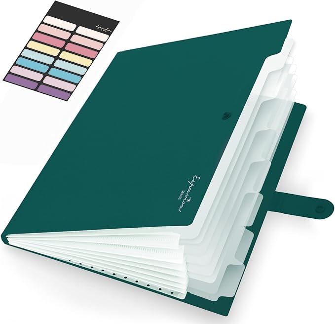 Sooez Accordion File Organizer, 8 Pocket Expanding File Folder with Labels, Letter Size Folders for Documents, Portable Paper Bill Receipt Organizer for Home School Office Supplies, Dark Green