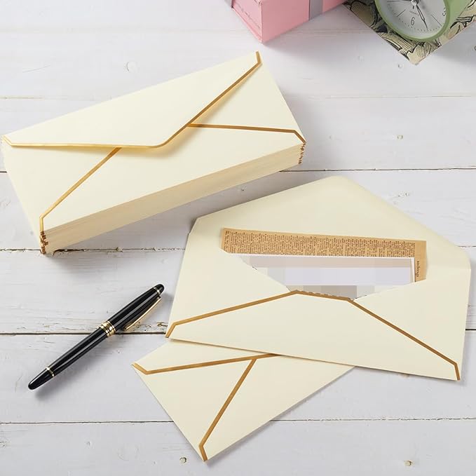 50 Pack #10 Business Envelopes with Gold Border, Self Seal Standard Envelopes with Gold Stickers for Office, Checks, Letter Mailing, Invoices, 4 1/8 x 9 1/2 Inches (Cream Color)