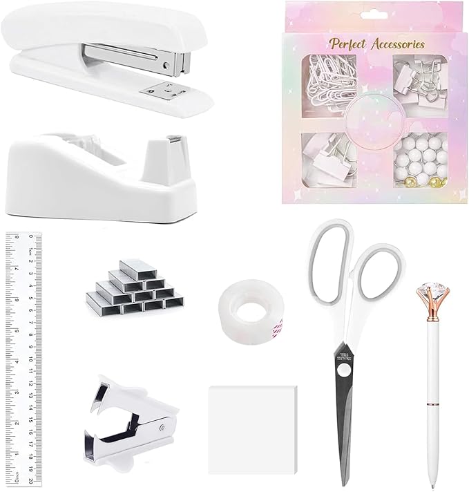 Office Supplies Set,Desk Accessories,Stapler and Tape Dispenser Set,1000 Staples,Staple Remover,Hinder Clips,Ruler,Scissor,Clear Tape,Ballpoint Pen,Sticky Notes,Gifts for Colleagues(White)