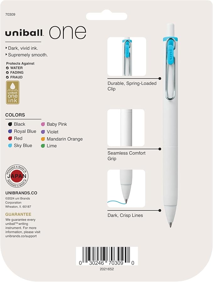 uniball uniONE Gel Pen, Retractable, Medium 0.7 mm, Inspirational Ink-Color Assortment, White Barrel, 8/Pack