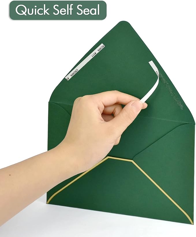 A7 Green Envelopes 50 Pack With Gold Border Christmas Envelopes 5 x 7 - V flap, Quick Self Seal, For 5x7 Cards| Perfect for Weddings, Invitations, Photos, Graduation, Baby Shower (Green)