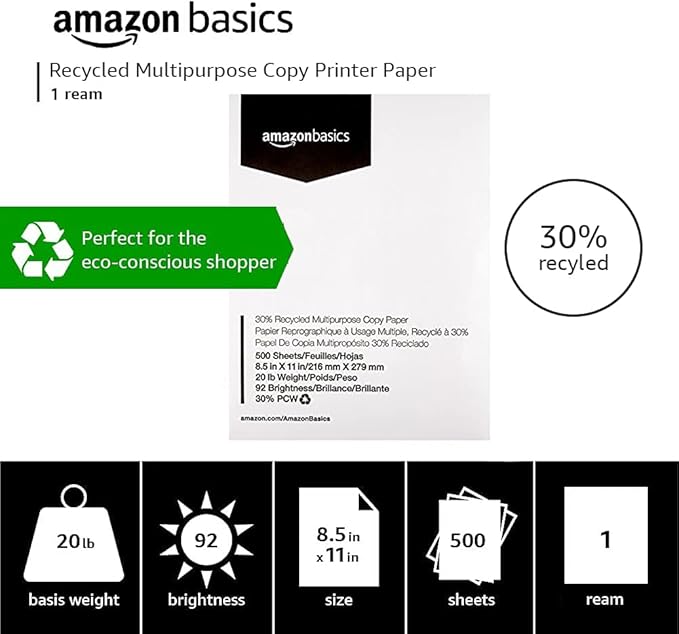 Amazon Basics 30% Recycled Multipurpose Copy Printer Paper, 8.5 x 11 Inches, 20 lb, 1 Ream, (500 Sheets), 92 Bright, White