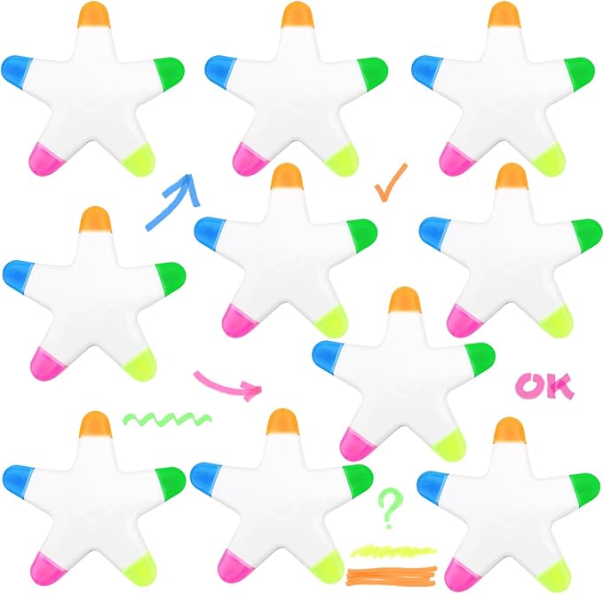 10 PCS Star Highlighters Bulk 5-in-1 Colorful Watercolor Highlighter Pens Assorted Colors Creative Star Shape Fluorescent Pens for School Office Travel Aesthetic Stationery Supplies