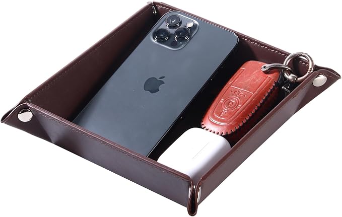 Leather Valet Tray for Men and Women - Jewelry Tray Nightstand Organizer - Bedside Vanity Tray - Dresser Catchall Tray - Desk Organizer and Storage for Keys, Phone, Wallet, Coin(Square)