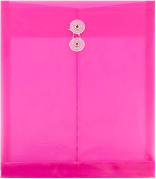 JAM PAPER Plastic Envelopes with Button & String Tie Closure - Letter Open End - 9 3/4 x 11 3/4 - Fuchsia - 12/Pack