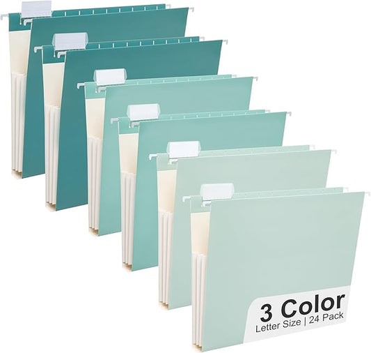 Y YOMA Letter Size - 6 Pack Extra Capacity Hanging File Folders Accordion Decorative Reinforced File Folder Cute Colored Expandable Folder for Office Home with 1/5-Cut Adjustable Tabs, Teal Blue