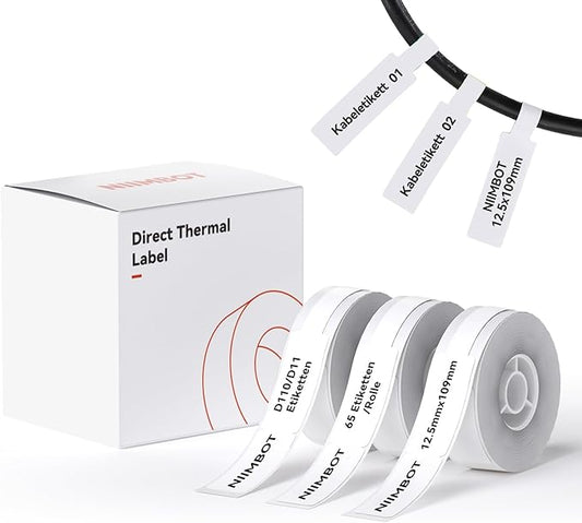 NIIMBOT D11 Label Tape D110 Label Maker Papers 3Rolls Cable Labels, Self-Adhesive Labeling Tape 0.47" X 4.29" (12 X 109mm) Cable Label Refills for Home Office Circuit Box, 195 Labels/3Rolls, White
