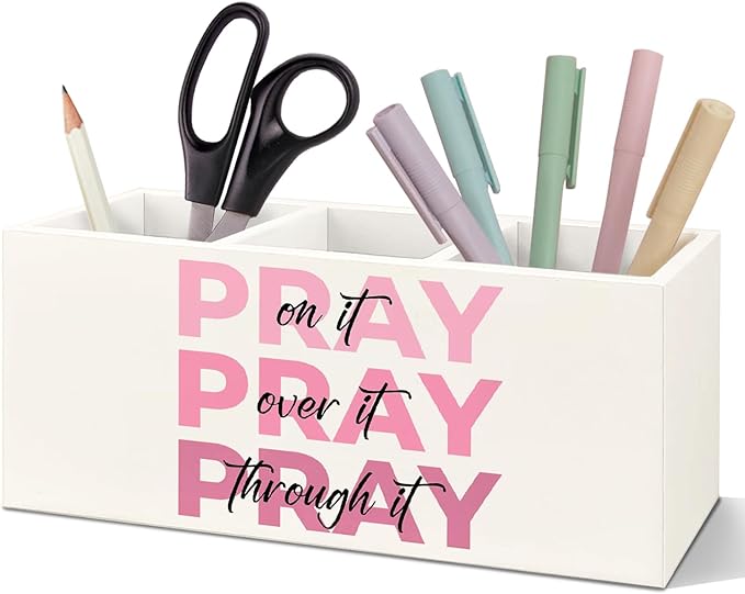 SNNDER Christian Pen Holder for Desk, Prayer Christian Gifts for Women, Pray on It Pray Over It Pray Through It Wooden Pen Pencil Holder Organizer for Home Office Desk Accessories