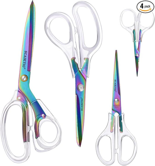 Acrylic Scissors, 4-Pack (9.4"/8"/6.8"/4"), Clear Comfort-Grip Handles, Titanium Coated Blades, Sharp, Heavy Duty, Ambidextrous, Transparent + Rainbow