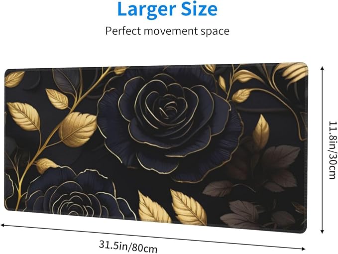 Gaming Mouse Pad, Large Non-Slip Rubber Base Mousepad, Keyboard Mouse Mat, Desk Pad with Stitched Edges, 31.5x11.8inch, Black Flower