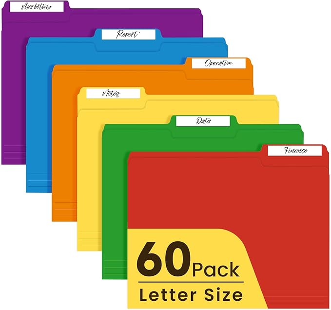 Colored File Folders Letter Size, 60 Pack 6 Colors Bright Folders 1/3 Cut Tabs, Assorted Pastel Color Office School Buiness Folders for Filing Organization, Paper File Folder Bulk Set