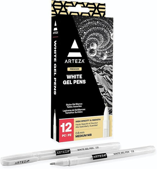 ARTEZA White Gel Pens Set, Pack of 12, White Rollerball Pens for Drawing and Writing, White Gel Pens for Artists