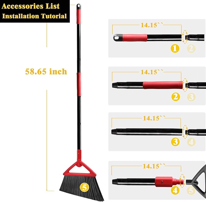 PUTNATRUE Heavy Duty Broom Outdoor and Indoor, 2 Pack Upgraded Commercial Angle Brooms, Perfect Red Broom of House, Kitchen, Garage, Courtyard